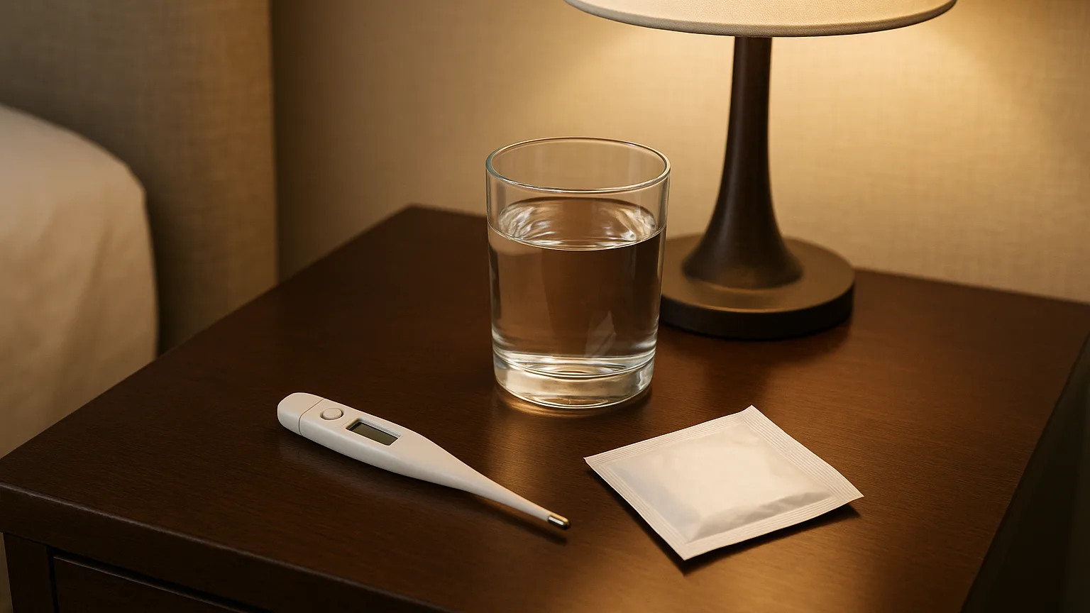 A hotel nightstand in dim lighting with a digital thermometer, water glass, and oral rehydration salt packet, showing what's accessible during an overnight health emergency.