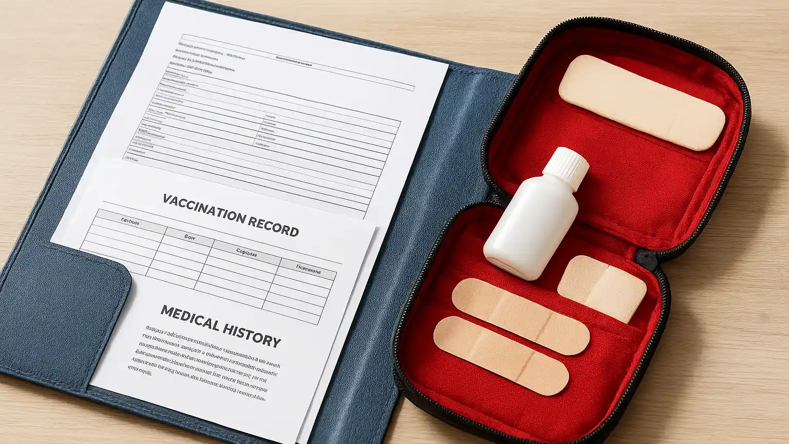 A travel document folder containing prescription photocopies, vaccination records, and medical history notes alongside a small first-aid pouch with bandages and ointment.